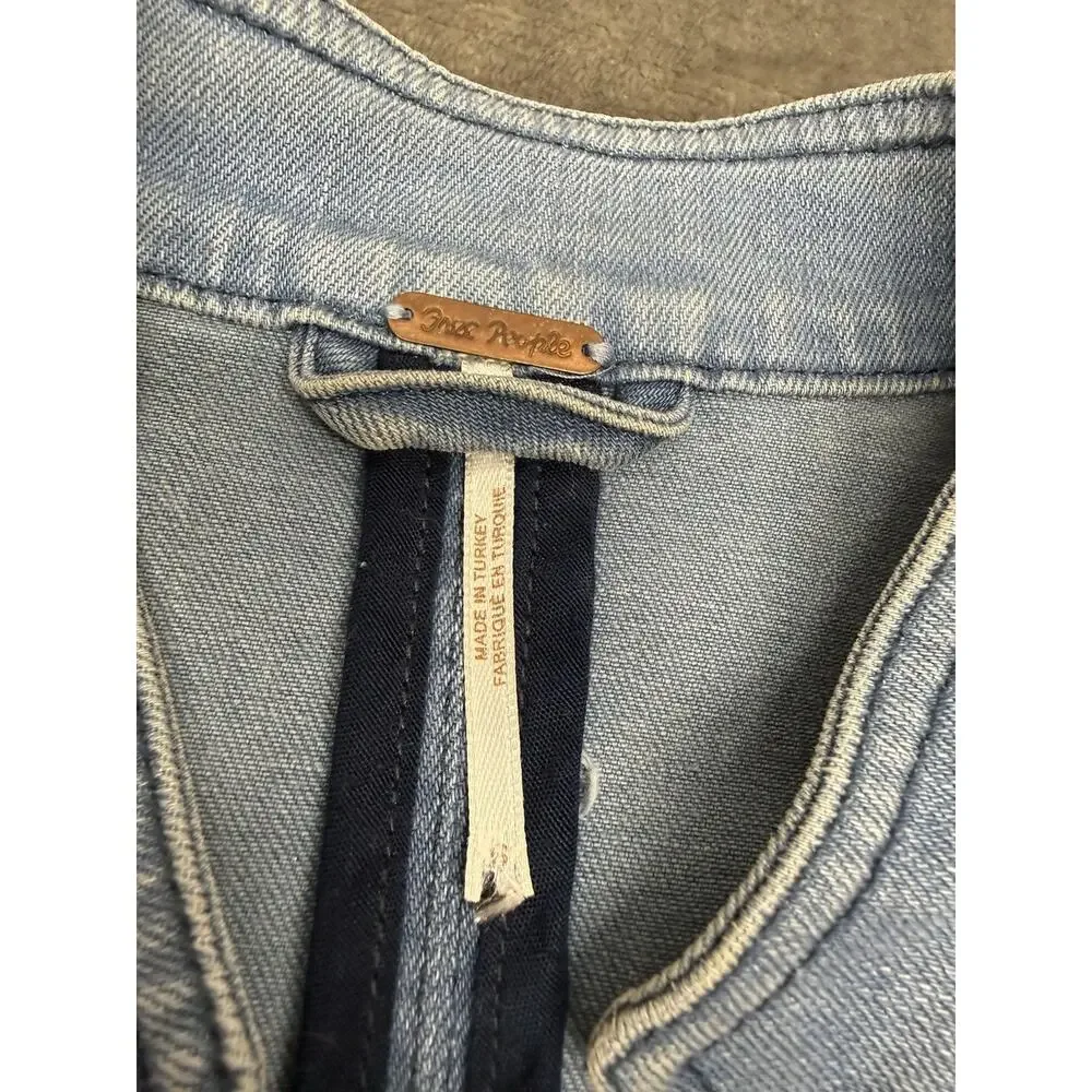 Free People Fitted Military Denim Jacket Blue Cotton US 6 Gold Buttons